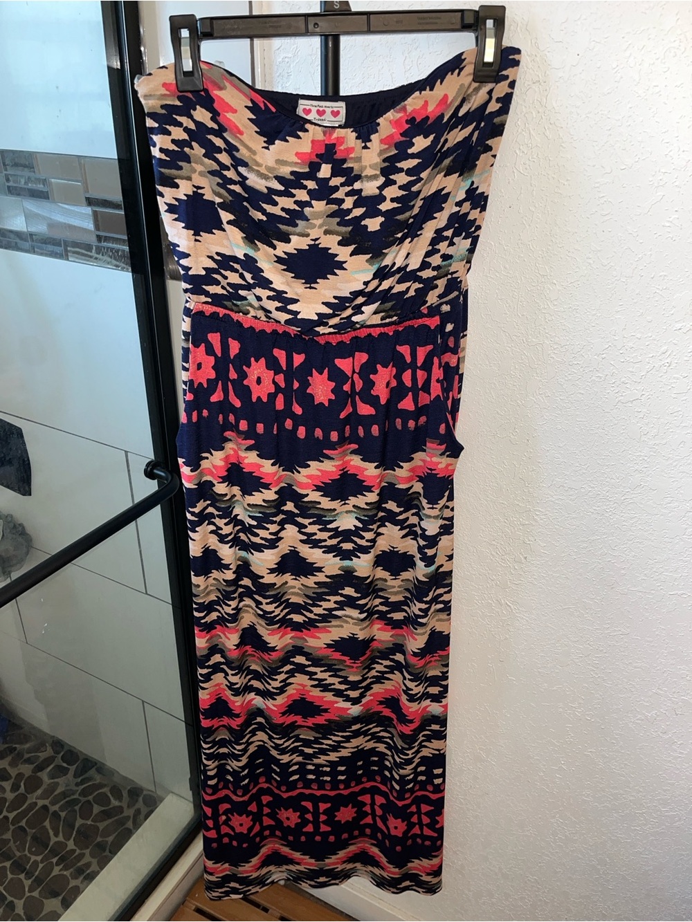 Trixxi Strapless Geometric Maxi Dress in Navy, Pink & Cream